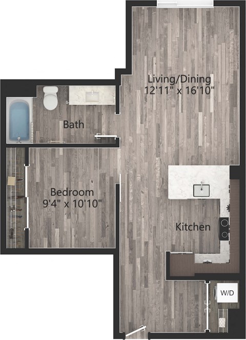 Floor plan for 1 bed, 1 bath, 718 sqft